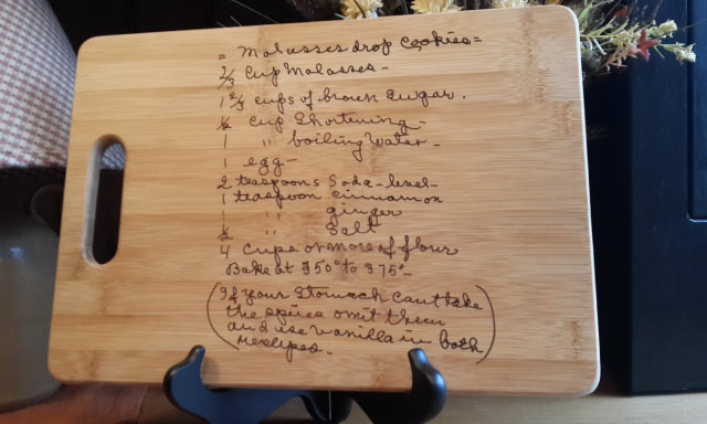 Wood cutting board laser engraved with recipe by Main St Engraving